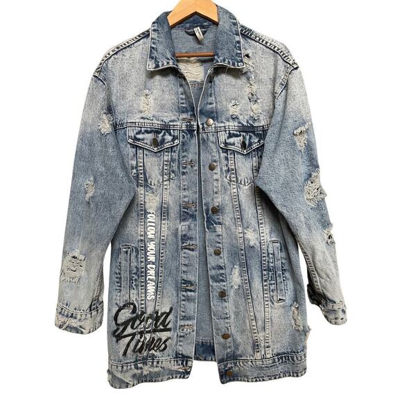 American Bazi Oversized Denim Jacket S | Graffiti Text, Distressed, Longline Fit - Picture 3 of 9
